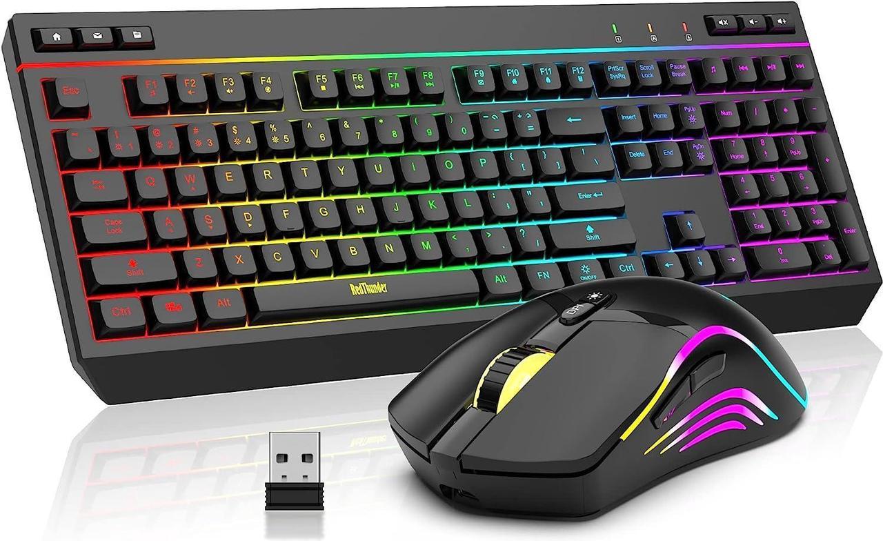 RedThunder K20 Wireless Keyboard and Mouse Combo, Full Size Anti-Ghosting Keyboard with Multimedia Keys + 7D 4800DPI Optical Mice, Rechargeable RGB Gaming/Office Set for PC Laptop Mac Xbox (Black)