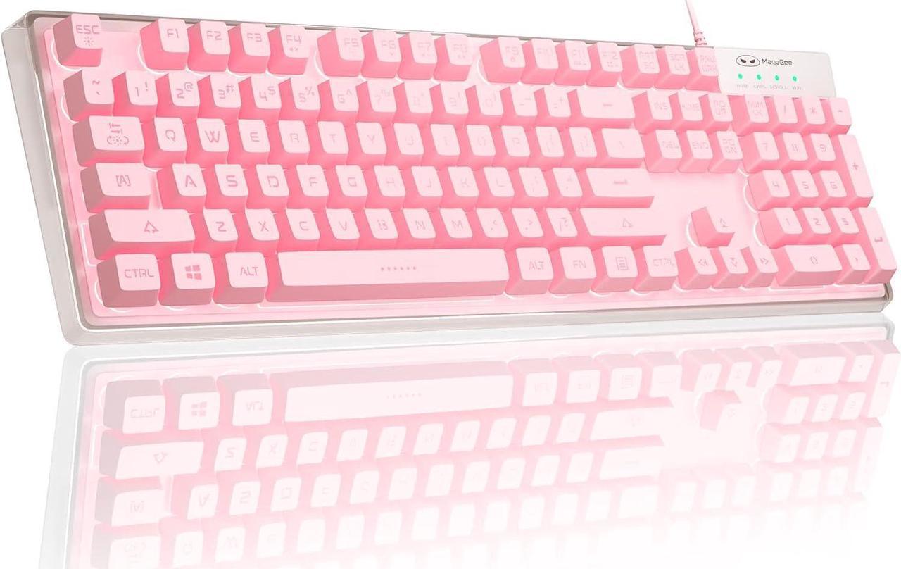 Gaming Keyboard, 7 Solid Colors Backlit Wired Gaming Keyboard with Clear Housing and Double-Shot Keycaps, MageGee K1 Waterproof Ergonomic 104 Keys Light Up Keyboard for PC Desktop Laptop, Pink