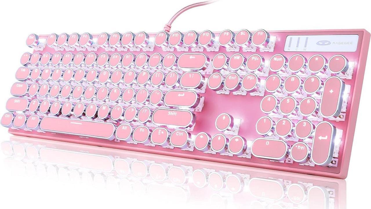 Typewriter Style Mechanical Gaming Keyboard, Pink Retro Punk Gaming Keyboard with White Backlit, 104 Keys Blue Switch Wired Cute Keyboard, Round Keycaps for Windows/Mac/PC