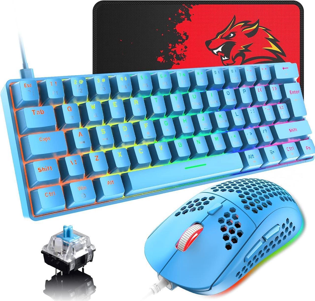 Blue 60% True Mechanical Gaming Keyboard and Mouse Combo,20 RGB Chroma Backlit Type C Wired 62 Keys Mini Keyboard,Lightweight Gaming Mouse and Mouse Pad for Gamers and Typists