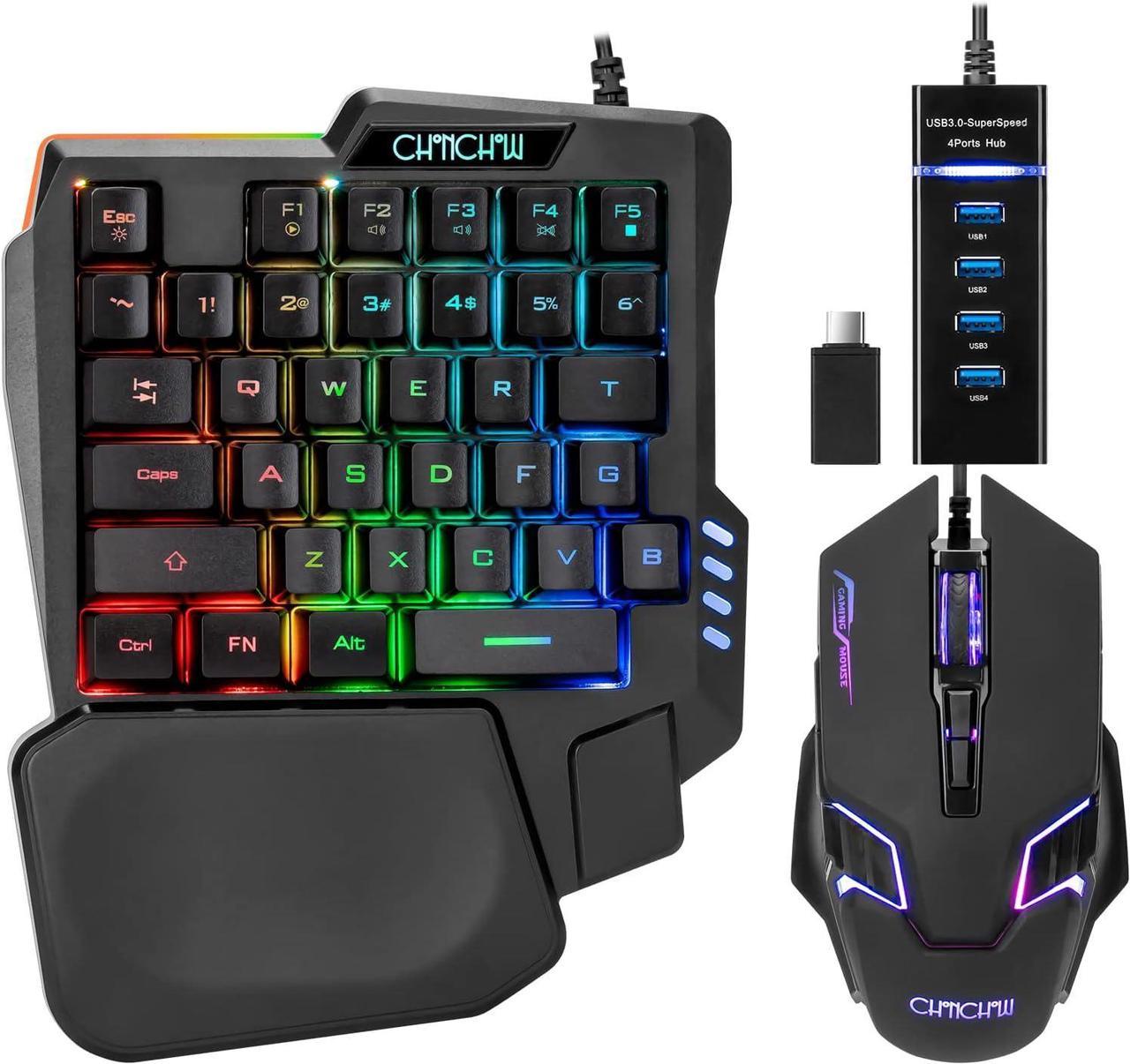 One Handed Half Keyboard Mouse USB Spilitter Type-C Adapter Gaming Combo with RGB LED Backlit 7200DPI CPI Customize 4 Port Adapter Mini Size Small Wired Set for LOL/Wow/fortnite/Dota/PUBG