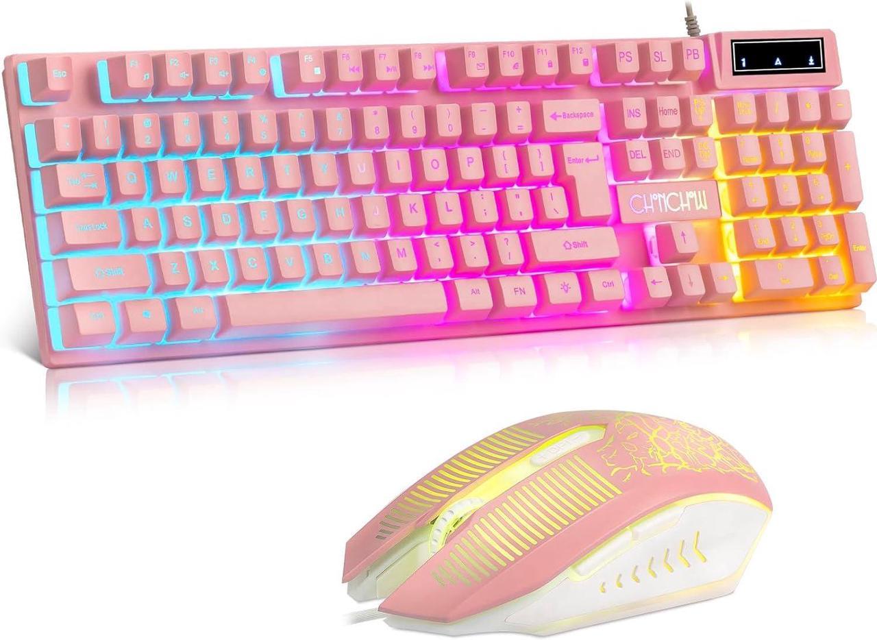 CHOCHOW Kawaii LED Light Up Pink Keyboard - USB Wired, 104Keys, Silent, Cute, Gaming Keyboard and Mouse Combo Perfect for Girls Gamer On PC, Laptop, PS5, Xbox & Mac, Desk Accessories for Women