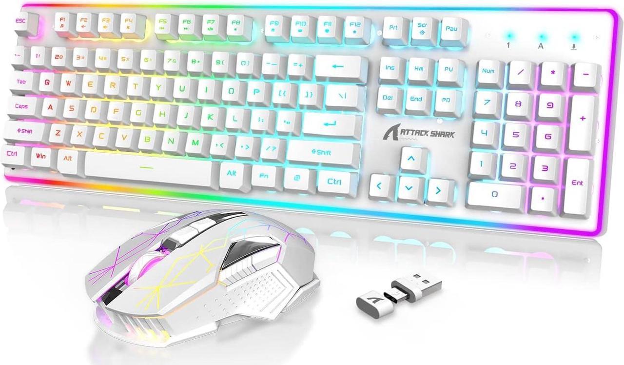 Wireless Gaming Keyboard and Mouse Combo,USB/Type C Dual Receiver,RGB LED Backlit,Rechargeable 4200mAh,Full Size Mechanical Feel,Silent Mouse,Mouse Pad for PC Mac,Laptop,Desktop,Smartphone(White)