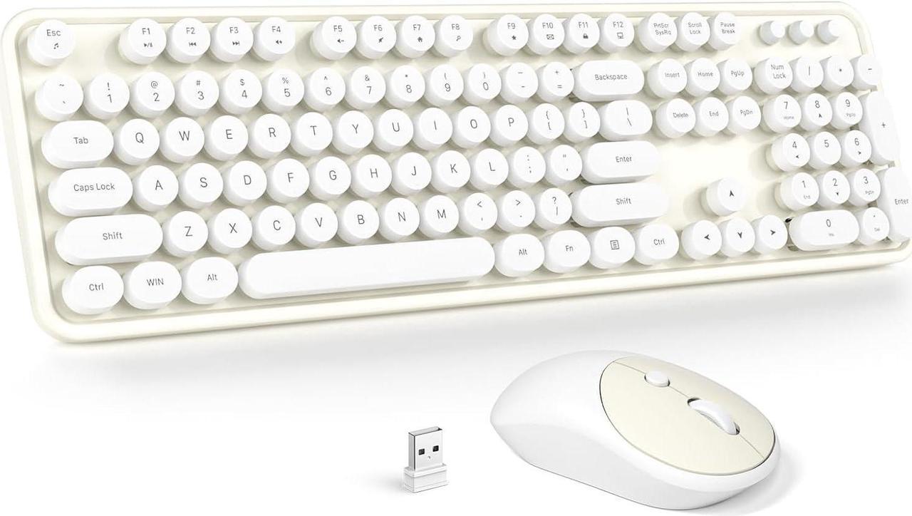 Wireless Keyboard and Mouse Combo - GEEZER Cream-White Full-Sized Colorful Keyboard 104 Keys - USB 2.4 G Receiver Plug and Play with Round Keycap Typewriter Keyboards, for Windows, PC, Laptop, Desktop