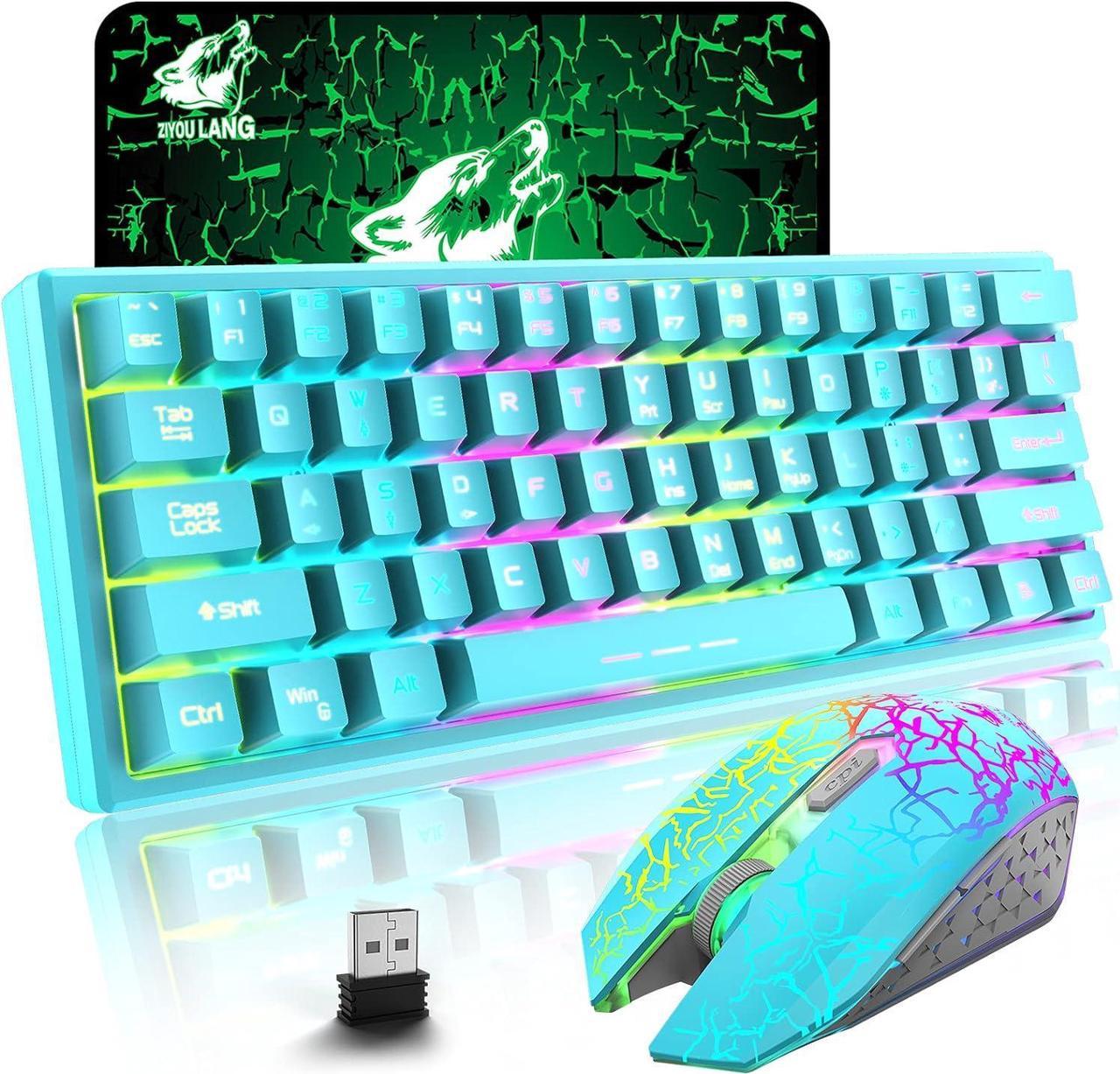 ZIYOU LANG T61 Wireless Gaming Keyboard and Mouse Combo with Ergonomic 61 Key Rainbow LED Backlight Anti-ghosting Mechanical Feel Rechargeable 4000mAh Battery Mouse Pad for PC MAC Gamer Typists(Blue)