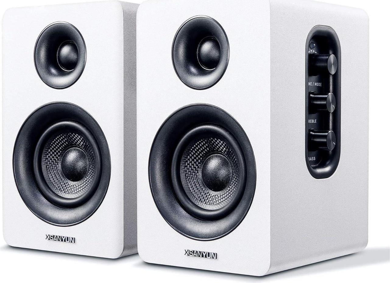 Sanyun SW208 3" Active Bluetooth 5.0 Bookshelf Speakers  60W Carbon Fiber Speaker Unit - Built-in 24bit DAC - Dynamic 3D Surround Sound  2.0 Computer PC Monitor Gaming Speakers (Pair, White)