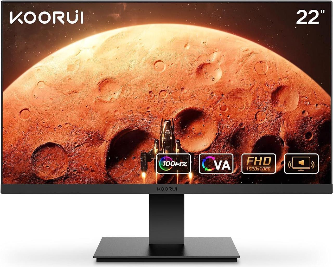 KOORUI 22 Inch Computer Gaming Monitor, FHD 1080P Desktop Display with 2 Speakers, 100HZ Ultra Thin Bezel/Eye Care/Ergonomic Tilt, HDMI VGA Ports LED Monitor for PC, VESA Mounting