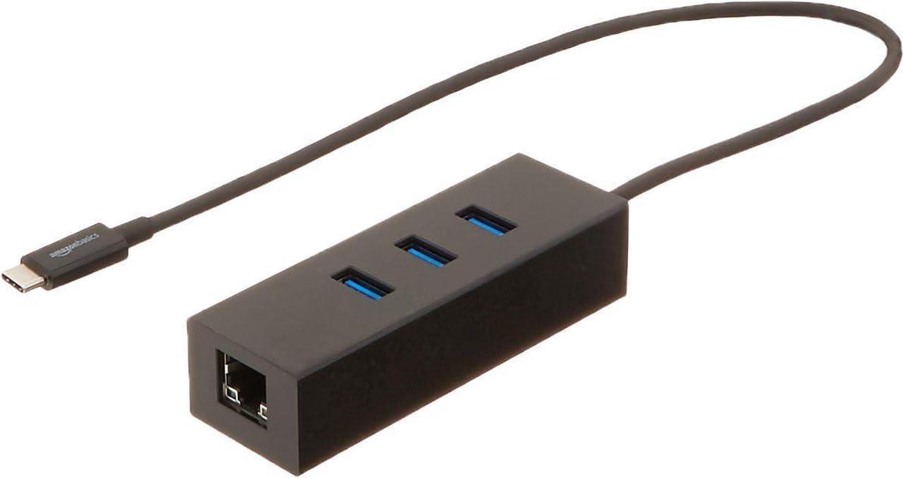 Basics USB 3.1 Type-C to 3 Port USB Hub with Ethernet Adapter - Black