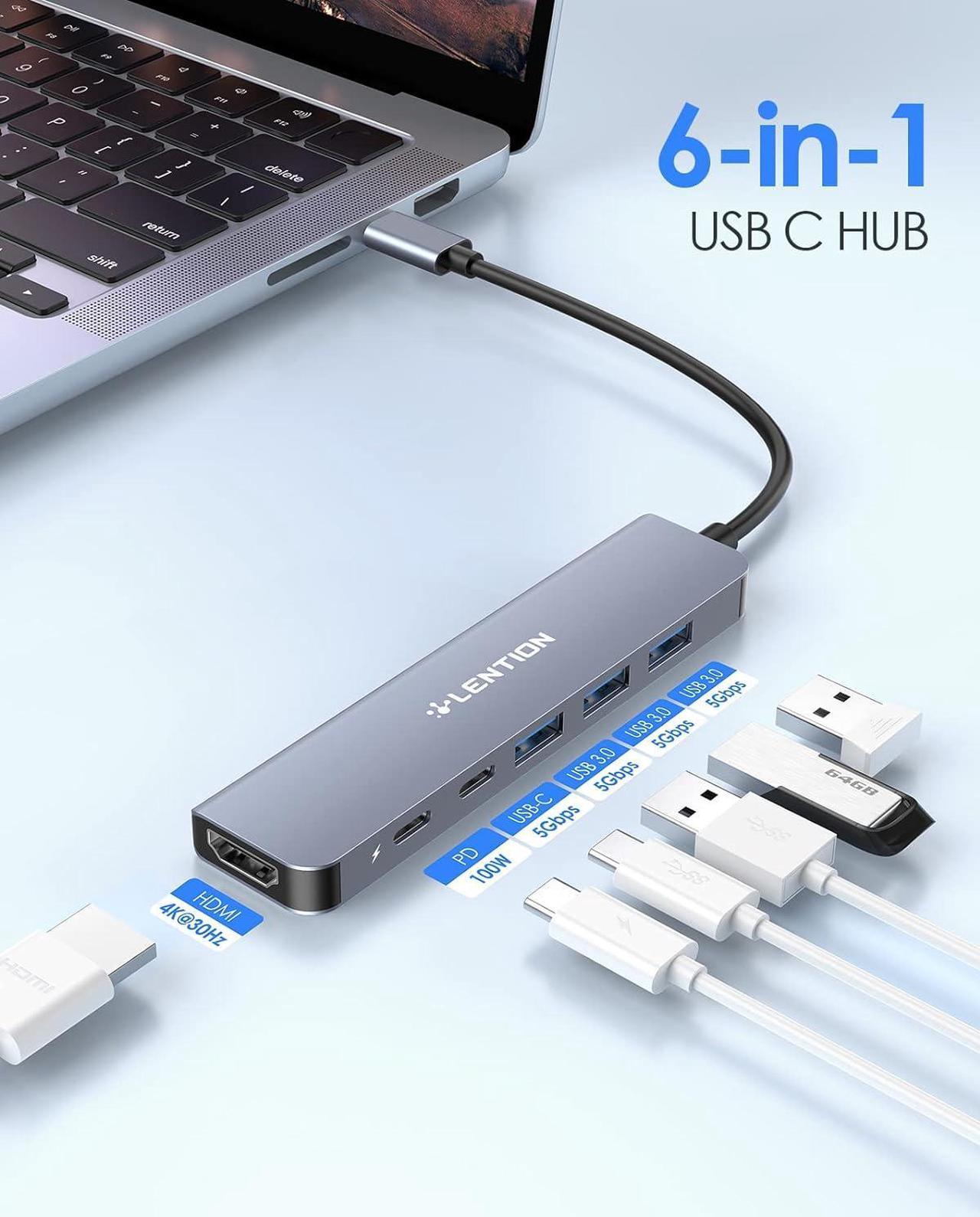 LENTION USB C Hub, 6 in 1 USB C to USB Adapter, USB C Multiport Dongle with 4K HDMI, USB C Data Port, USB 3.0, 100W PD Compatible New MacBook Pro/Mac Air, More Type C Devices (CB-CE35s, Space Gray)