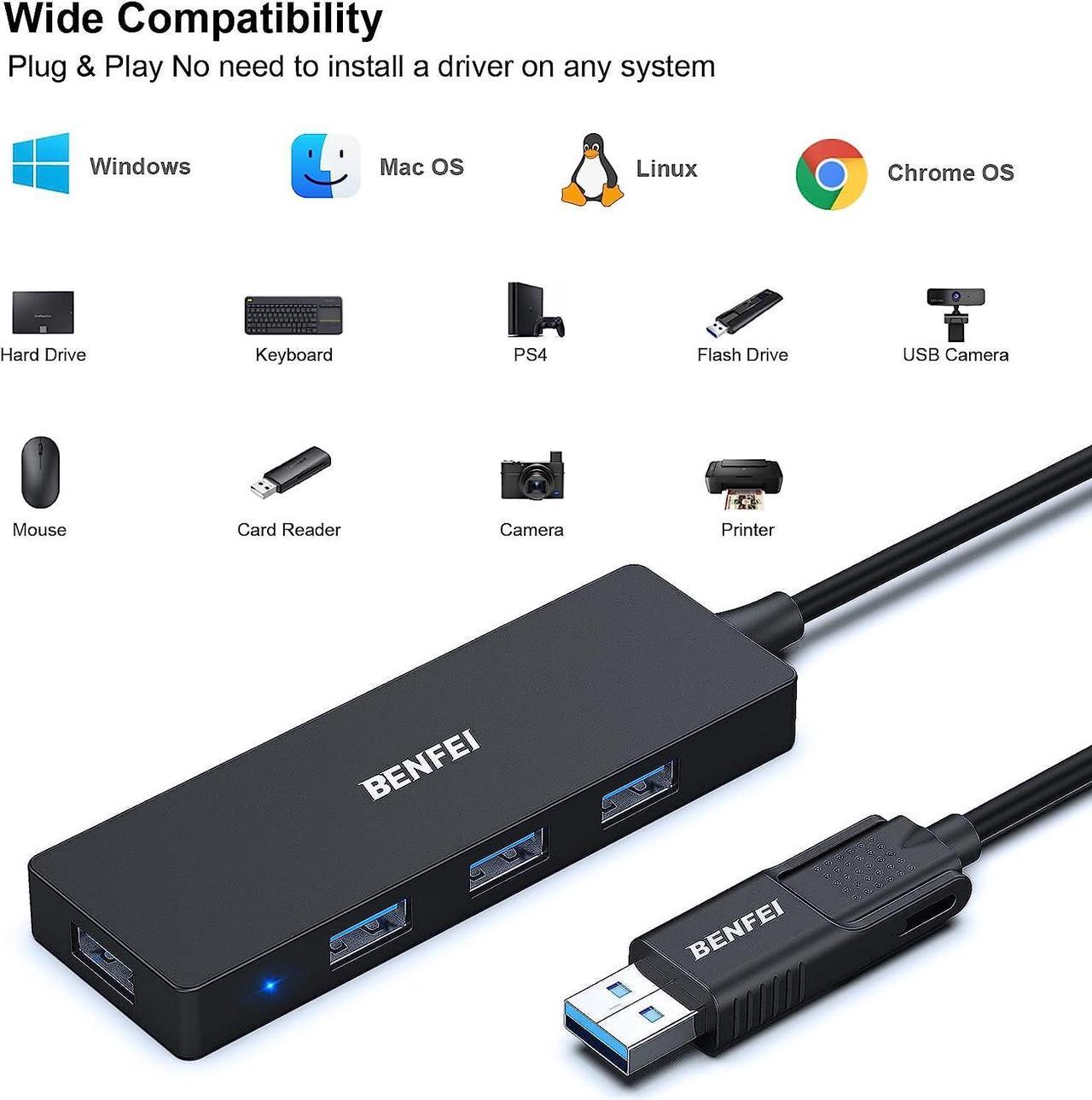 BENFEI USB Type-A/Type-C Hub with 4 USB 3.0 Ports Compatible with iPhone 15 Pro/Max, MacBook Pro/Air 2023, iPad Pro, iMac, S23, XPS 17, Surface Book 3, Flash Drive, Mobile HDD and More