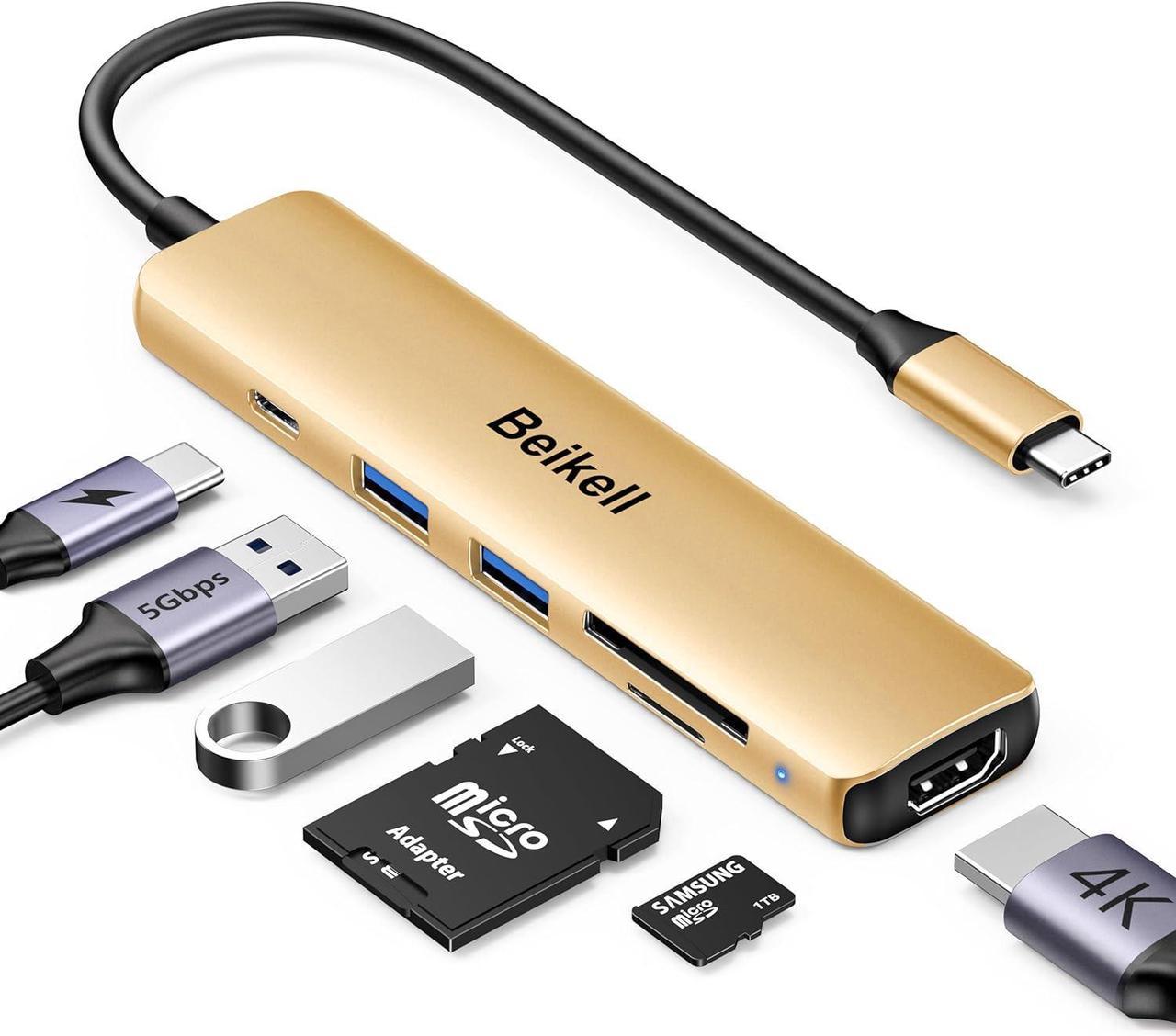 USB C Hub, Beikell USB C Multiport Adapter with 4K HDMI, 100W PD, 2 USB A 3.0 Data Ports, SD&TF Simultaneously, Ultra Slim Aluminum Alloy for MacBook, iPad Pro/Air, XPS, Surface etc.-Gold