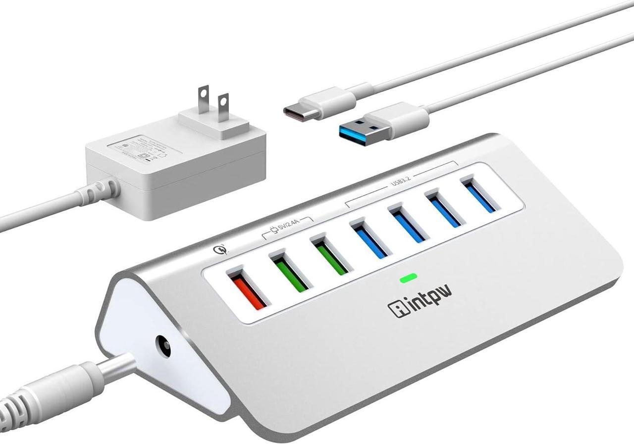 Powered USB 3.2 Hub 10Gbps,7 Port USB Data Hub USB Splitter with 4 USB 3.2 Gen2 Data Ports,3 Fast Charging Ports,30W Power Adapter,Type A & C Cable, Aluminum Powered USB C Hub for Computer,PC,Laptop