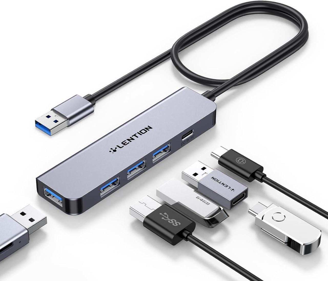 LENTION USB Hub 3.0 Splitter with 2ft Long Cable, 4 USB 3.0 Port & Type C Power Supply, Multi Port USB-A Adapter for Windows PC, Mac, Printer, Mobile HDD (CB-HE32, Space Gray)