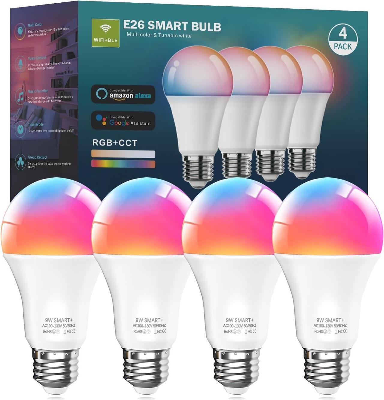 Luckystyle Smart LED Light Bulbs 4 Pack, 9W A19 WiFi Bluetooth Music Sync Color Changing RGB Light Bulbs with Alexa and Google Home,Dimmable Daylight White 800 LM and 16 Million DIY Colors LED Bulbs