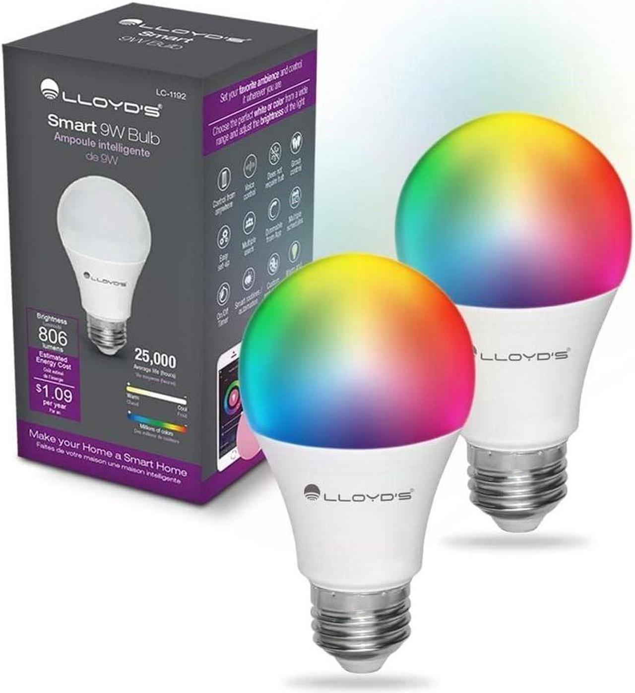 Lloyd's, WiFi Smart Light Bulbs Compatible with Alexa and Google Home No Hub Required, 10 Watts E26 Dimmable from The app, for 2.4 GHz Networks, Multicolor + Warm to Cool White Light