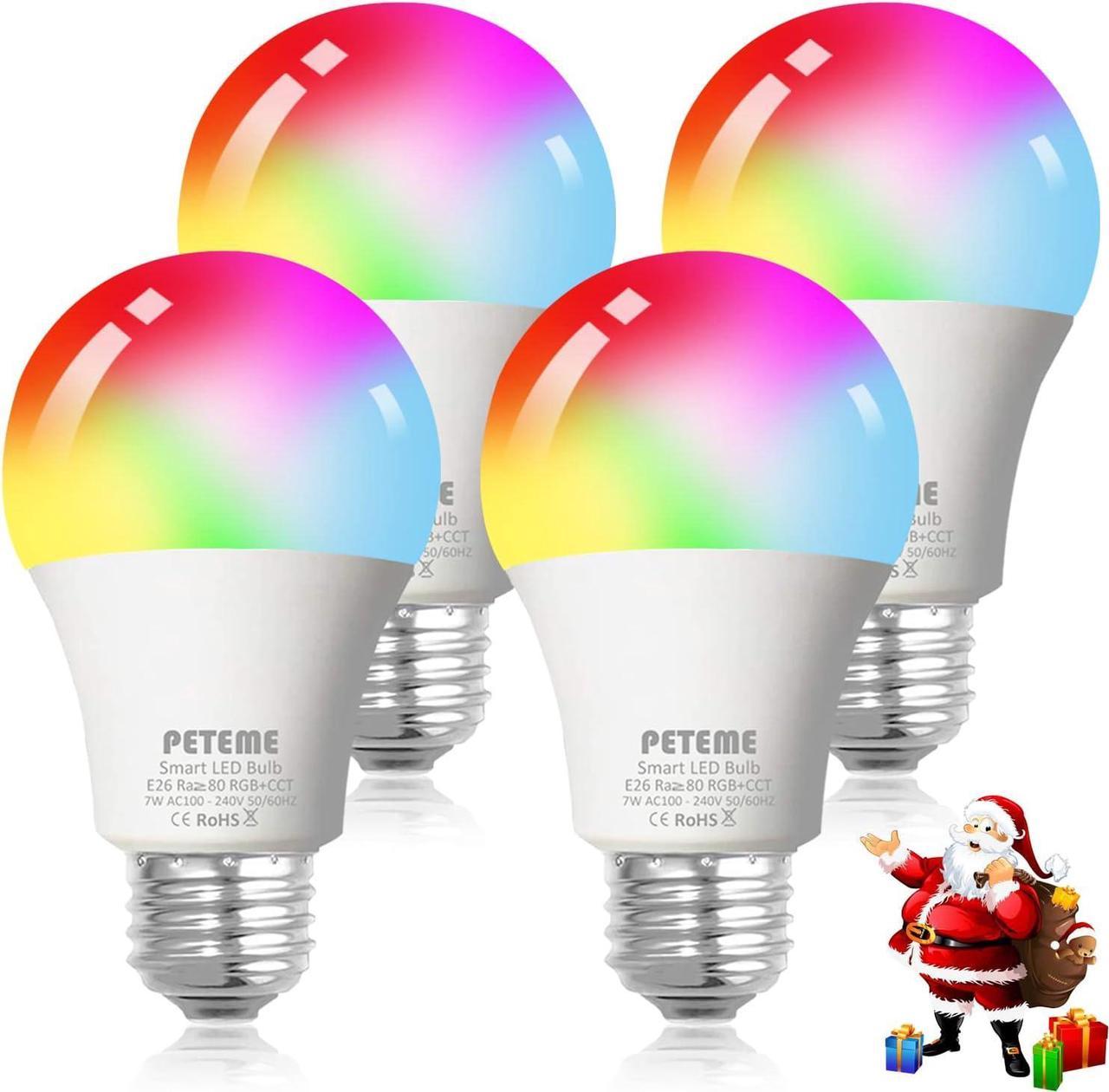 WiFi Led Bulb Smart Light Smart WiFi Alexa Light Bulb, Peteme Led RGB Color Changing Bulbs 4 Pack, Compatible with Alexa, Siri, Echo, Google Home (2.4G Only)