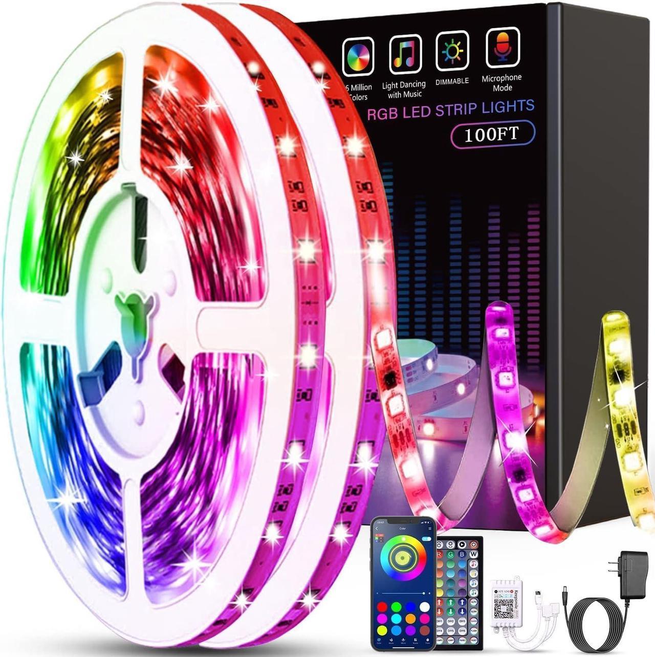 Tenmiro Led Lights for Bedroom 100ft(2 Rolls of 50ft) Smart Music Sync Color Changing LED Strip Lights with App and Remote Control RGB LED Strip, LED Lights for Room Home Party Decoration