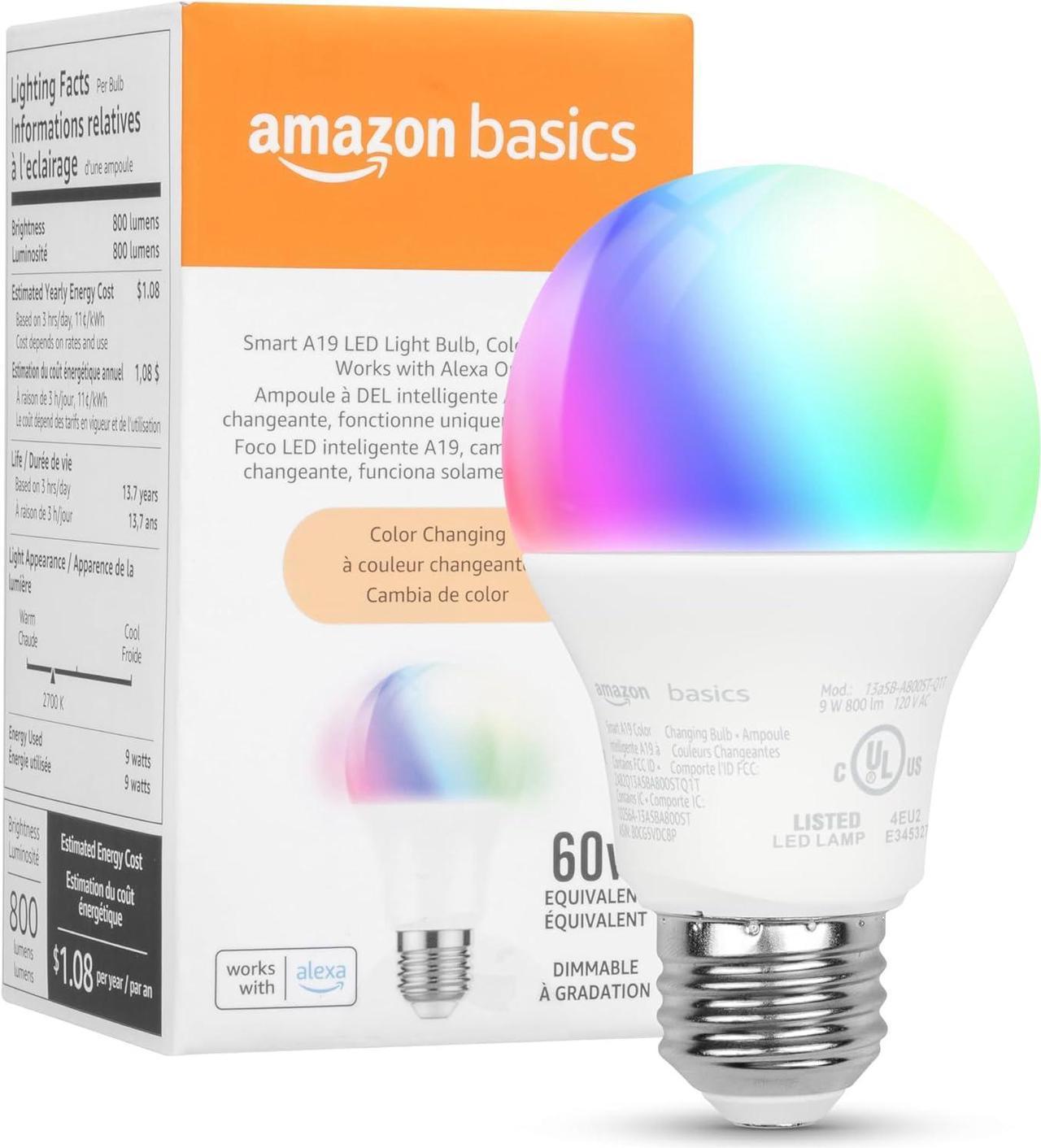 Basics - Smart A19 LED Light Bulb, 2.4 GHz Wi-Fi, 9W (Equivalent to 60W) 800LM, Works with Alexa Only, 1-Pack, Certified for Humans, Multicolor