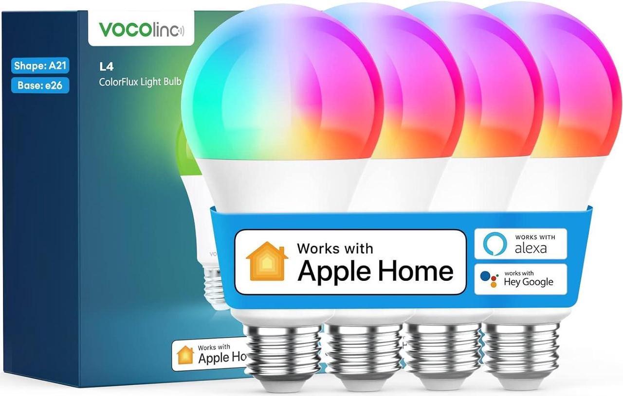 VOCOlinc Smart Light Bulb Works with Apple Homekit, Alexa, Google Home, Dimmable WiFi Smart Bulbs, 850 Lumens, E26 LED Smart Bulb 60 Watt Equivalent, A21, 2200K-7000K RGBW, 9.5W, 4 Pack