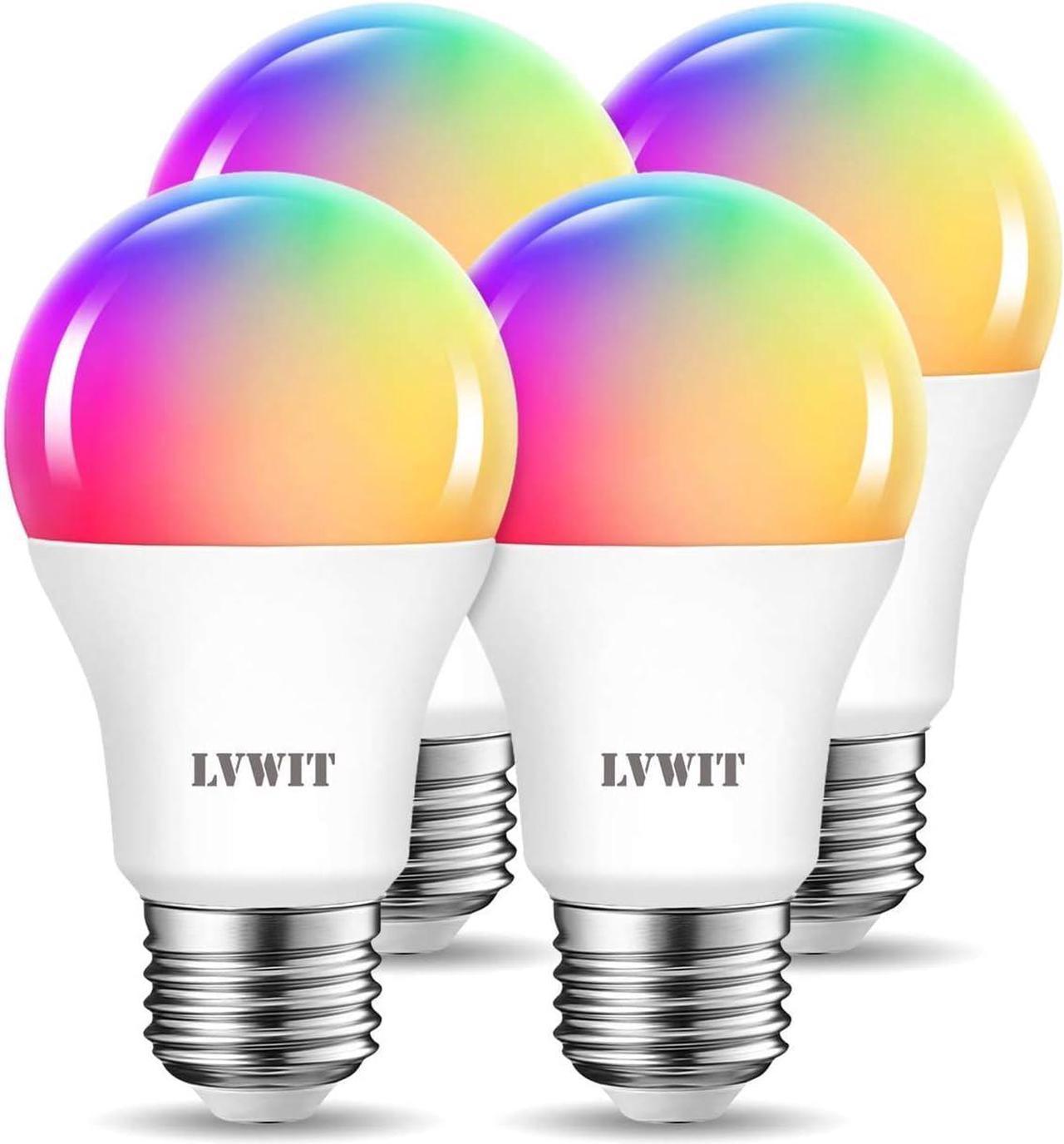 LVWIT Smart Light Bulbs Alexa, A19 60W Equivalent, E26 Smart LED, Work with Google Assistant, Smart Life App, Tuya App, RGB Color Changing Bulb (8.5W), No Hub Required, 4-Pack