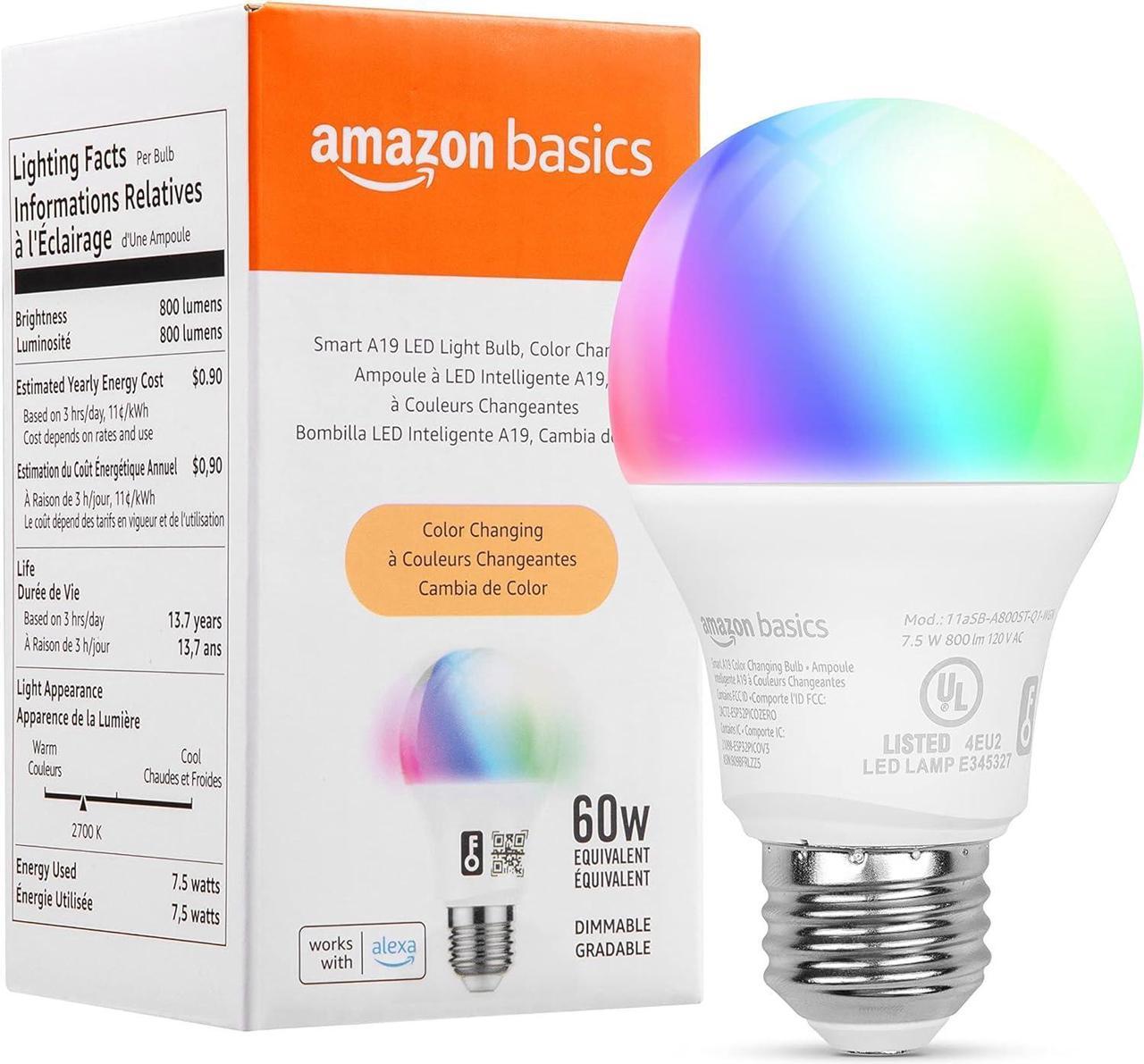 Basics Smart A19 LED Light Bulb, Color Changing, 2.4 GHz Wi-Fi, 60W Equivalent 800LM, Works with Alexa, 1-Pack, Certified for Humans