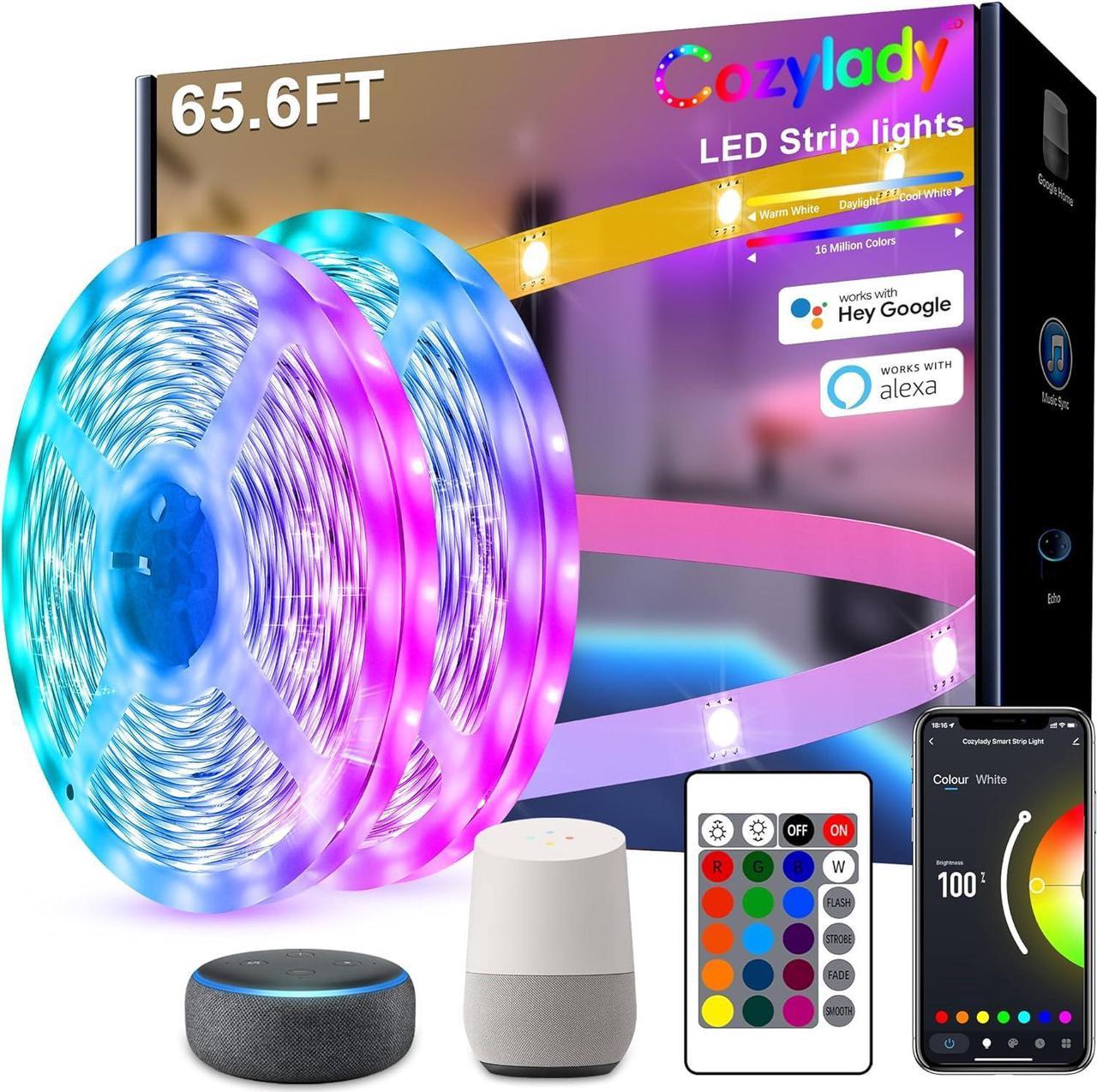 Cozylady RGB LED Strip Lights 65.6FT, WiFi LED Light Compatible with Alexa and Google Home, Music Sync with Smart APP, LED Lights Strip for Bedroom, Children's Room Decor, Kitchen