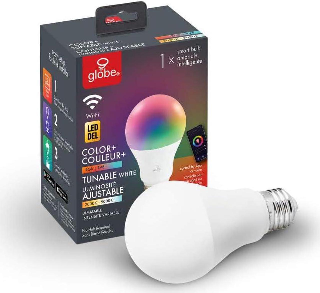 Globe Electric Wi-Fi Smart 10 Watt (60W Equivalent) Multicolor Changing RGB Tunable White Dimmable Frosted Led Light Bulb, No Hub Required, Voice Activated, 2000K - 5000K, A19 Shape, E26 Base 34202