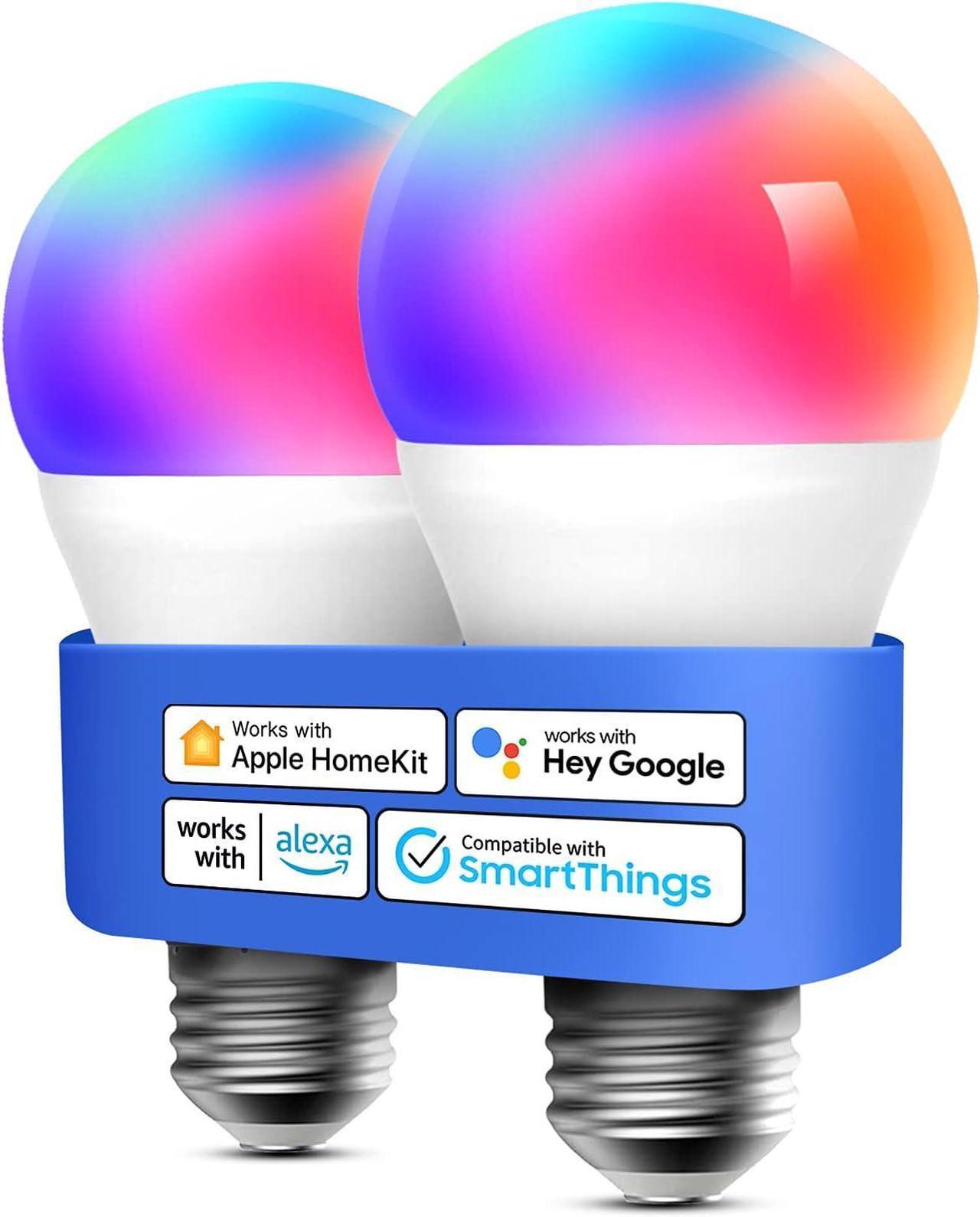 meross Smart Bulbs, Smart WiFi LED Bulbs Compatible with Apple HomeKit, Siri, Alexa, Google Assistant and SmartThings, Dimmable E26 Multicolor 2700K-6500K RGBCW, 810 Lumens 60W Equivalent, 2 Pack