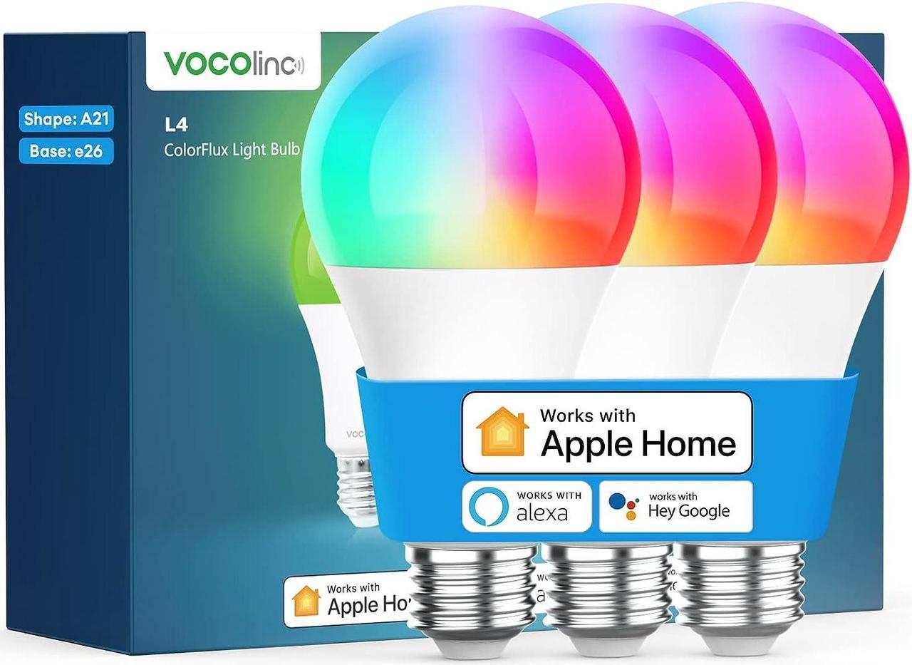 VOCOlinc Smart Light Bulb Works with Apple Homekit, Alexa, Google Home, Dimmable WiFi Smart Bulbs, 850 Lumens, E26 LED Smart Bulb 60 Watt Equivalent, A21, RGBW, 9.5W, 3 Pack