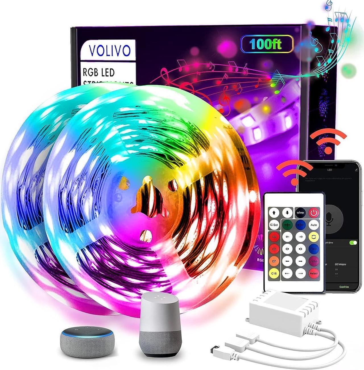 Volivo 100 FT WiFi Led Strip Lights Compatible with Alexa and Google Assistant, 2 Rolls of 50ft RGB Led Light Strip, Music Sync Color Changing Led Lights for Bedroom, Home, Kitchen, Party Decors