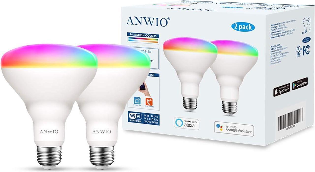 ANWIO BR30 Smart Light Bulbs, Alexa Light Bulbs, Google Light Bulbs, Smart Life Bulbs, Tuya App, Colour Changing Light Bulb, WiFi & Bluetooth No Hub Required,8.5W (60W Replacement) BR30 E26 2-Pack