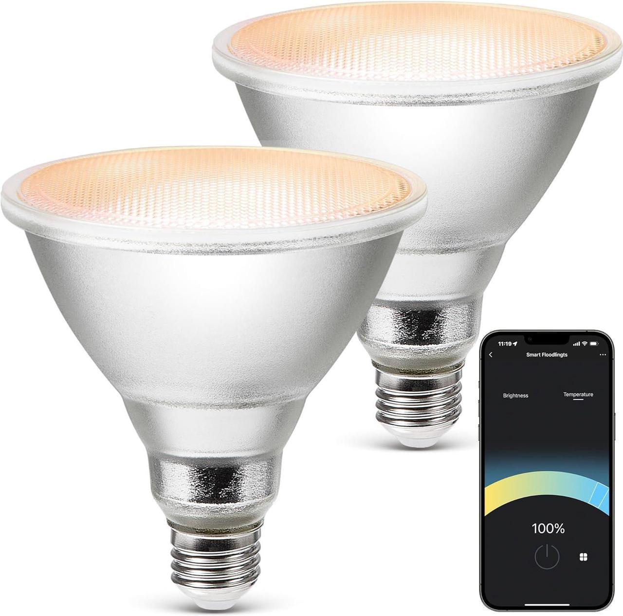 Geeni LUX Smart Floodlight, White  Outdoor 2700K-6500K Dimmable LED Bulb, E26, PAR38, 11W, 1000 Lumens  No Hub Compatible with Alexa, Google Assistant, Requires 2.4 GHz Wi-Fi, 2 Pack