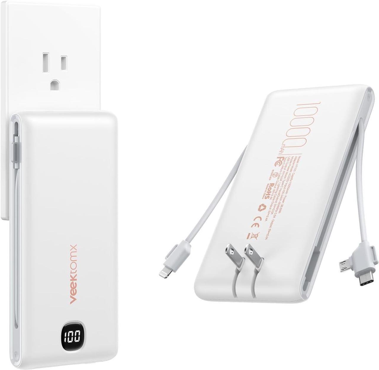 VEEKTOMX Portable Charger for iPhone, Power Bank with Built-in Cables and Wall Plug, USB C Fast Charging Battery Bank, 10000mAh Travel Battery Pack Compatible with iPhone 15/14, Samsung, Etc