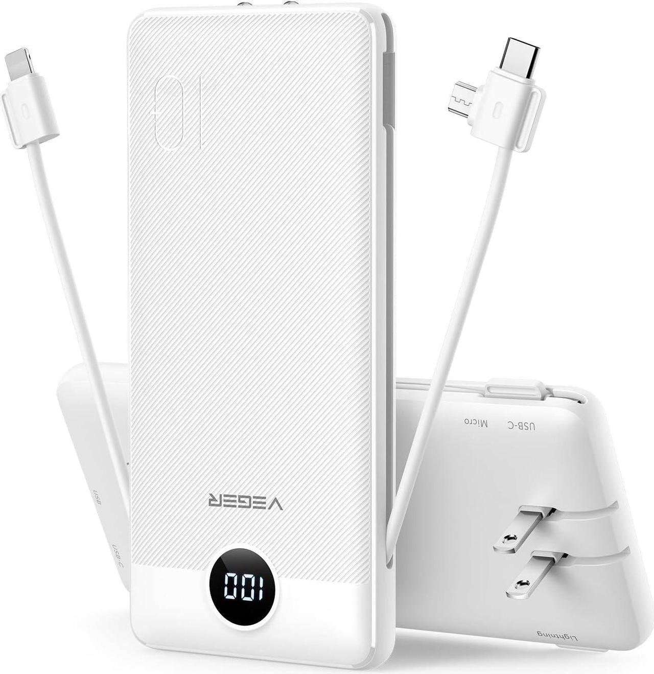 VEGER Portable Charger for iPhone Built in Cables and Wall Plug, 10000mah Slim Fast Charging USB C Power Bank, Travel Essential Battery Pack Compatible with iPhones, iPad, Samsung More Devices(White)