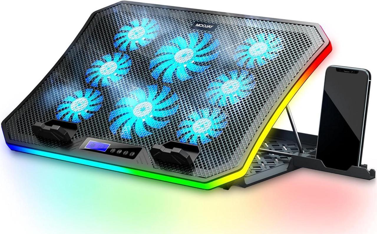 MOOJAY C50 Laptop Cooling Pad Gaming Notebook Cooler, 10 Modes RGB Lights Laptop Cooling Fan Stand 8 Adjustable Heights with 8 Quiet Fans and Phone Holder, for 15.6-17.3 Inch Laptops - Ice Blue