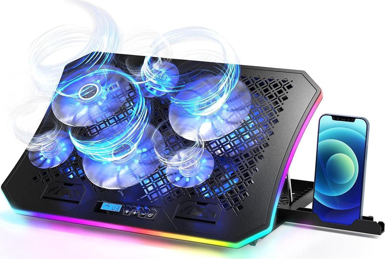 AICHESON RGB Lights Laptop Cooler Pad with 6 Cooling Fans, Blue LED Lights, 7 Ergonomic Stands, 10 Modes for Desk or Lap Use