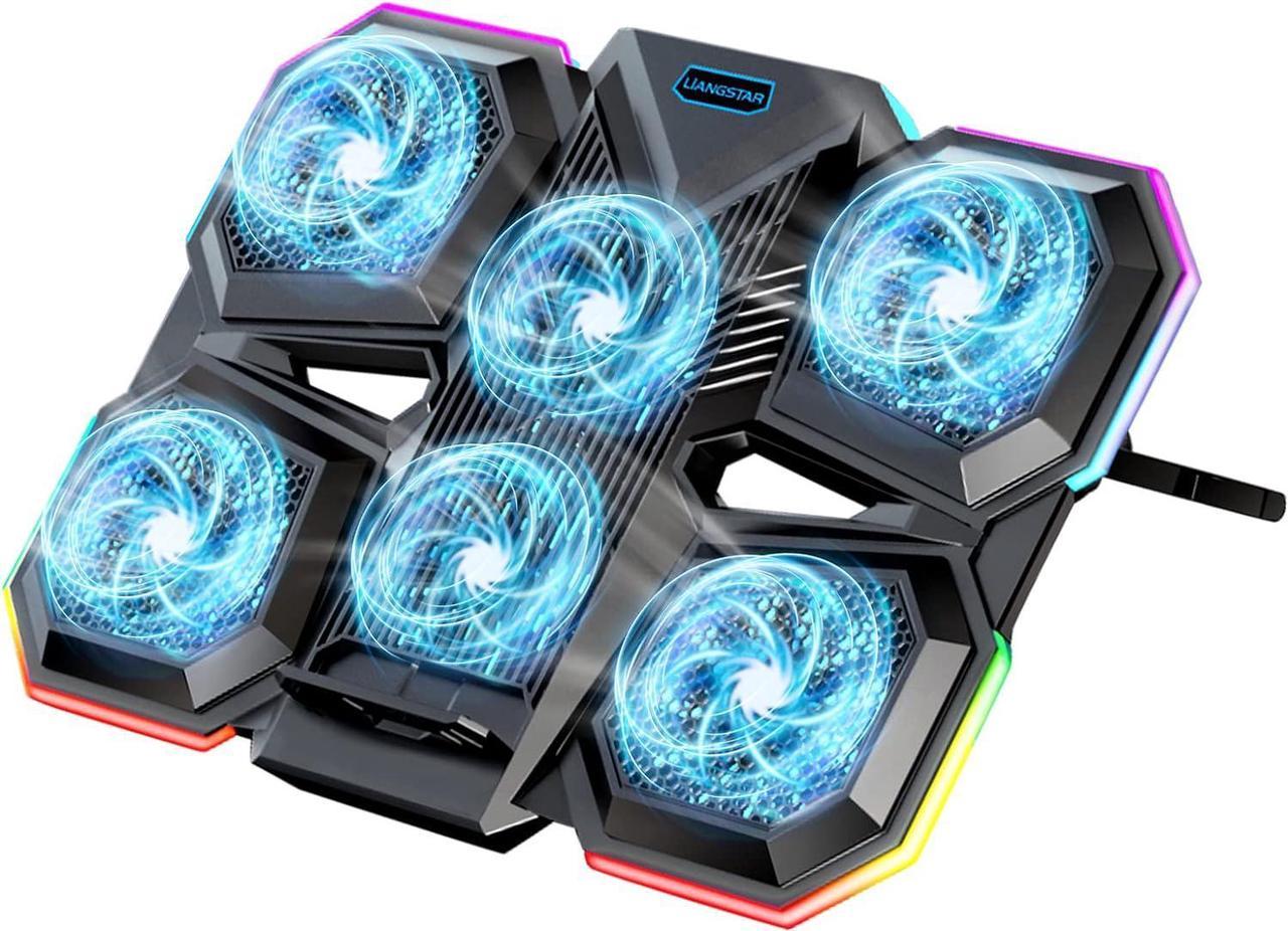 LIANGSTAR Laptop Cooling Pad Gaming Laptop Cooler, Laptop Fan Cooling Stand with 6 Quiet Fans for 15.6-17.3 Inch, 7 Height Adjust, RGB LED Light 4 Modes, Switch Control Fan Speed, 2 USB Port, 2023 New