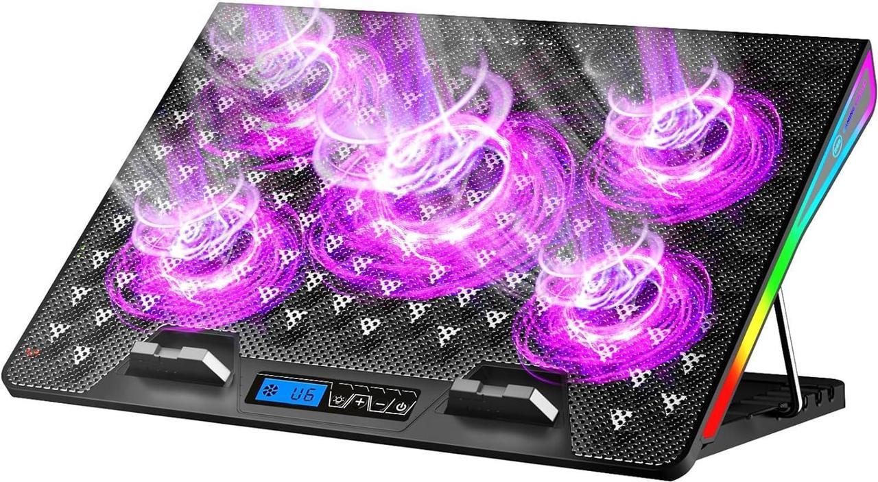 AICHESON Gaming Laptop Cooling Pad RGB Lights, 5 Cooler Fans Stand with 10 RGB Modes, Heat Dissipation for 15.6-18 Inch Laptops, AA2 Purple Lights