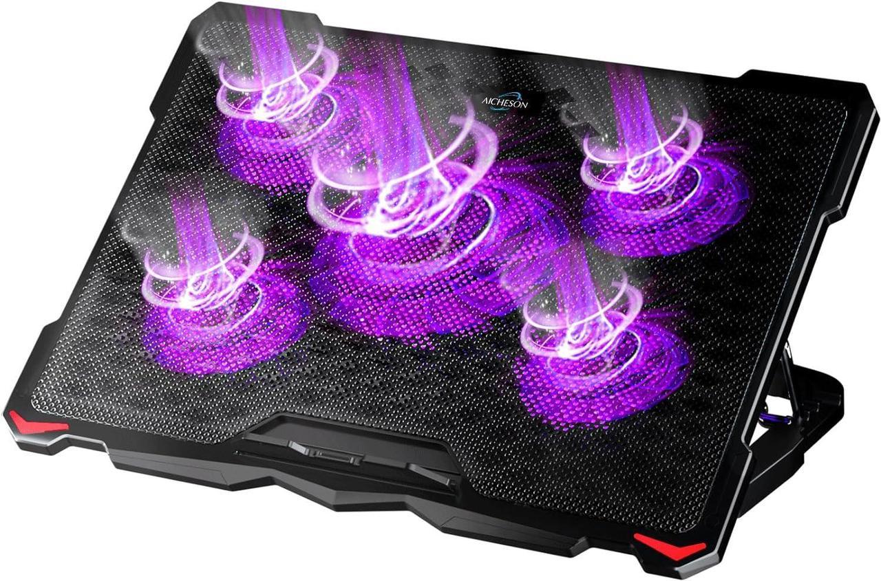 AICHESON Laptop Cooling Pad for 15.6 to 17.3 Inches PC Notebooks, 5 Fans Computer Cooler Stands with Purple Lights Desk Chiller Mat, S035