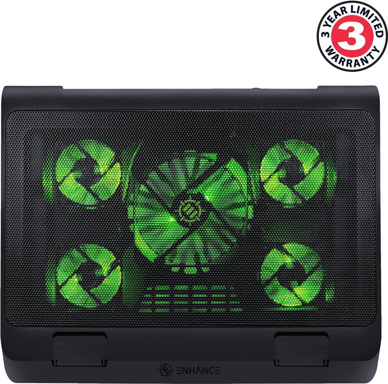 ENHANCE Gaming Laptop Cooling Pad Stand with LED Cooler Fans, Adjustable Height, & Dual USB Port for 17 inch Laptops - 5 Ultra Quiet High Performance Fans 2630 RPM & Built-in Bumpers - Green