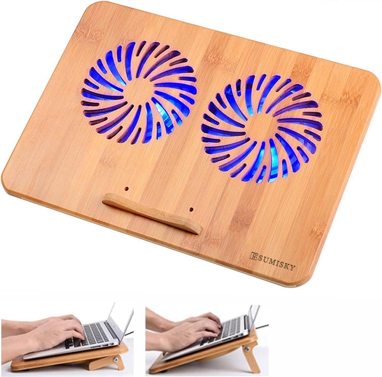 SUMISKY Laptop Stand Cooling Pad 100% Bamboo Adjustable Laptop Desk with 2 Quiet Cooling Fans Blue Light and 2 USB Ports Ergonomic Cooler Pad for 13-16 inches Laptop (15"x11")