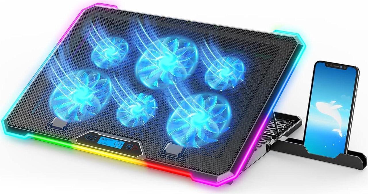 KYOLLY RGB Cooling Pad Gaming Laptop Cooler, Laptop Fan Cooling Stand with 6 Quiet for 15.6-17.3 inch laptops, 9 Height Stand, LED Lights & LCD Screen, 2 USB Ports, Lap Desk Use