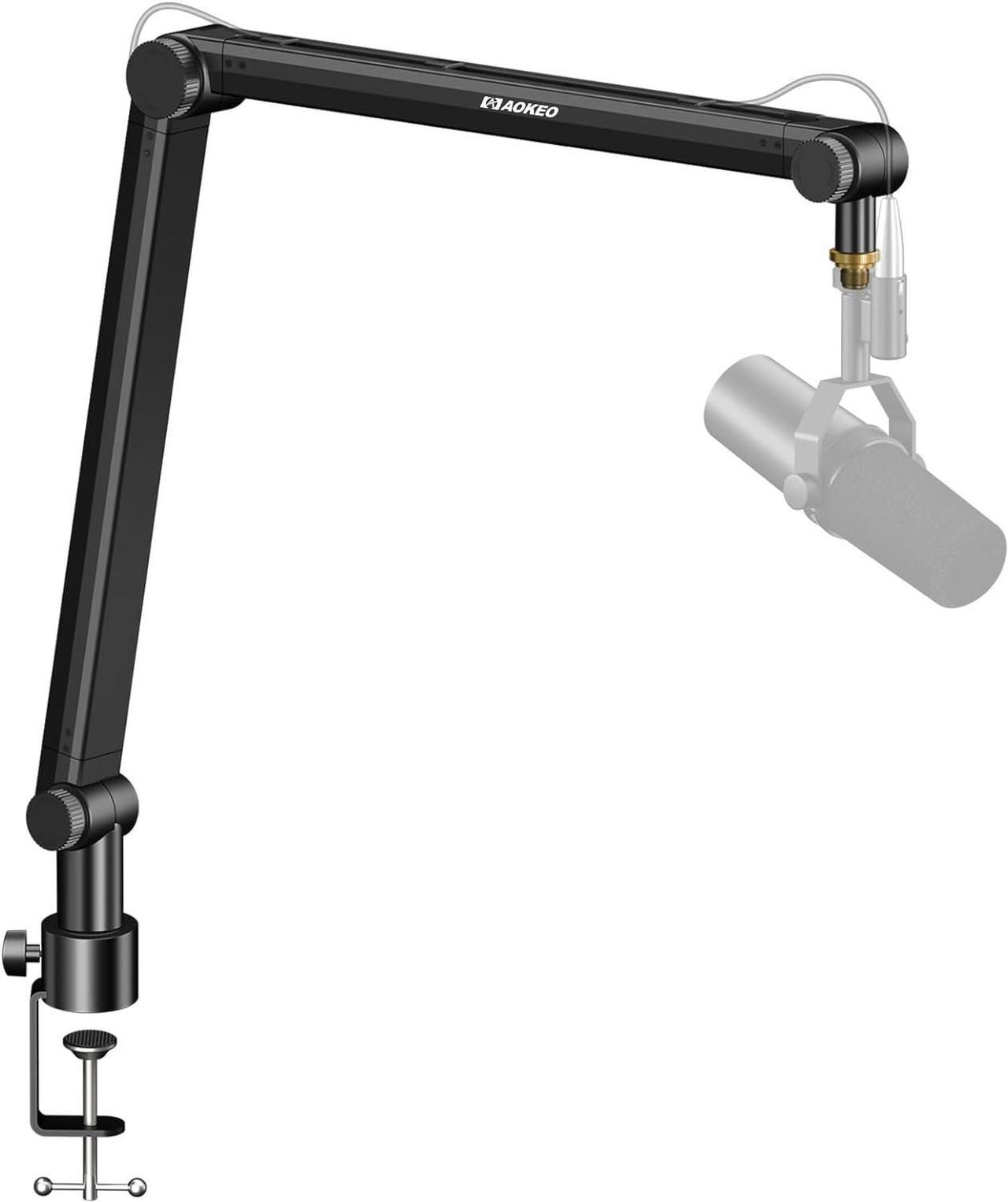 Aokeo Mic Arm, Boom Arm Microphone Stand Desk with Mount Clamp Cable Management Channels Detachable Riser 5/8" Thread Adapter for Blue Yeti Snowball Hyper X QuadCast SoloCast AT2020 Shure SM7B MV7