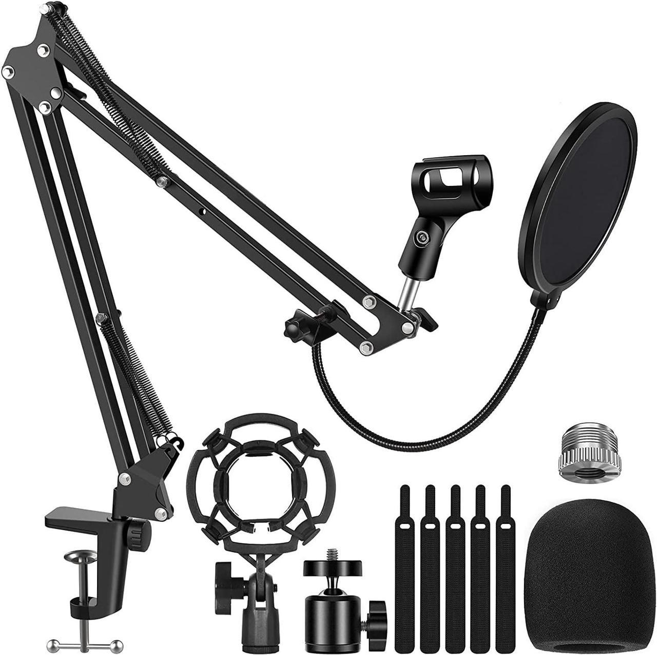 Mythco Microphone Stand, Boom Arm Mic Stand Webcam Stand for Blue Yeti and Other Mics with Mic Shock Mount 3/8" to 5/8" Screw Adapter Windscreen Pop Filter Mic Clip Holder, Cable Ties