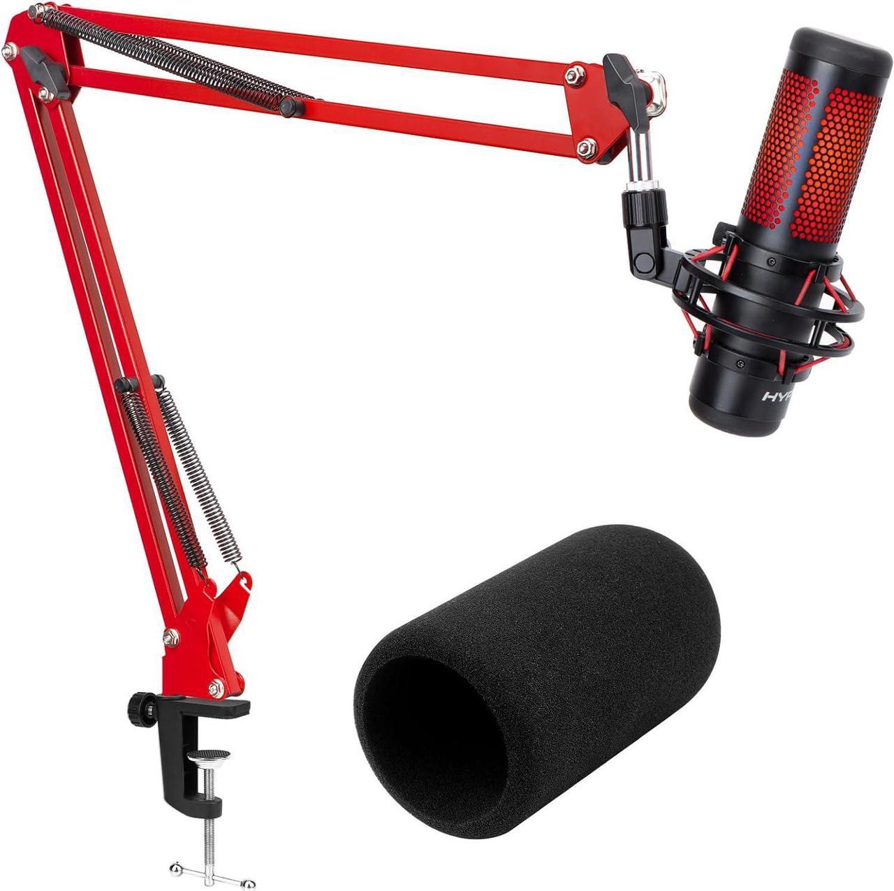 SUNMON QuadCast Boom Arm with Foam Cover, Adjustable Microphone Mic Stand for HyperX QuadCast, QuadCast S, Rotatable Mic Arm with 3/8 to 5/8 Adapter (Red)