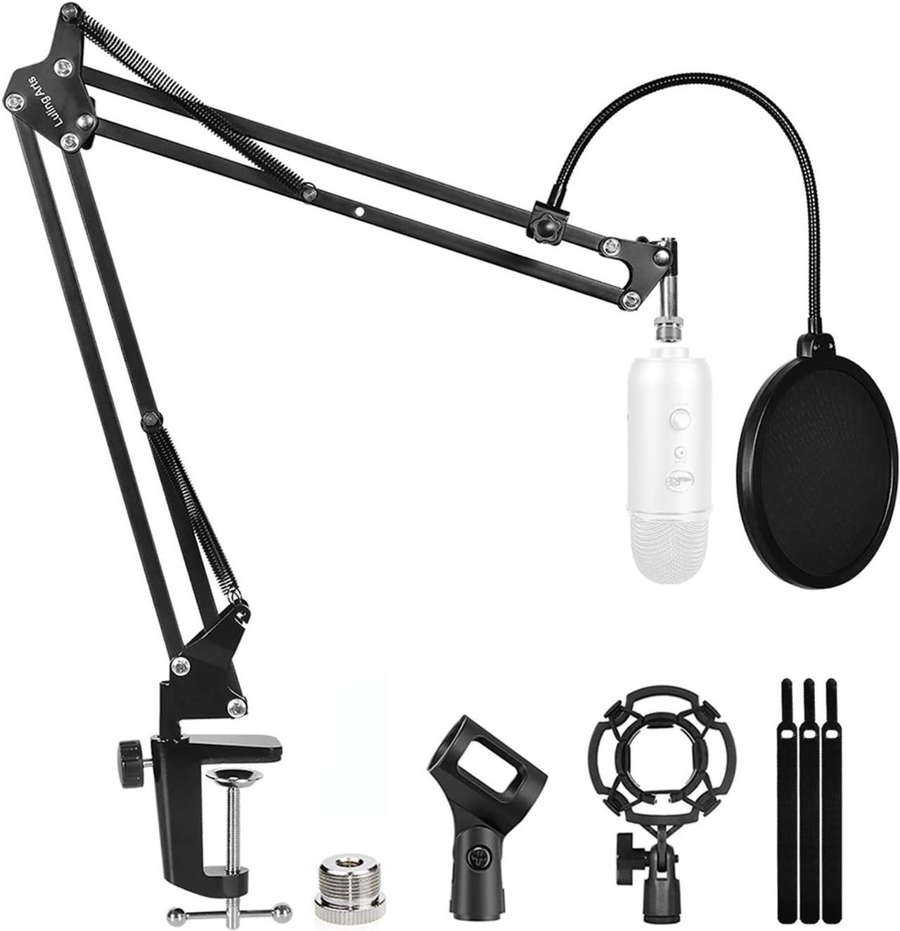 Microphone Stand for Blue Yeti, Boom Arm Scissor Mic Stand with Windscreen and Double layered screen Pop Filter Heavy Duty Mic Boom Scissor Arm Stands, Broadcasting and Recording.Game