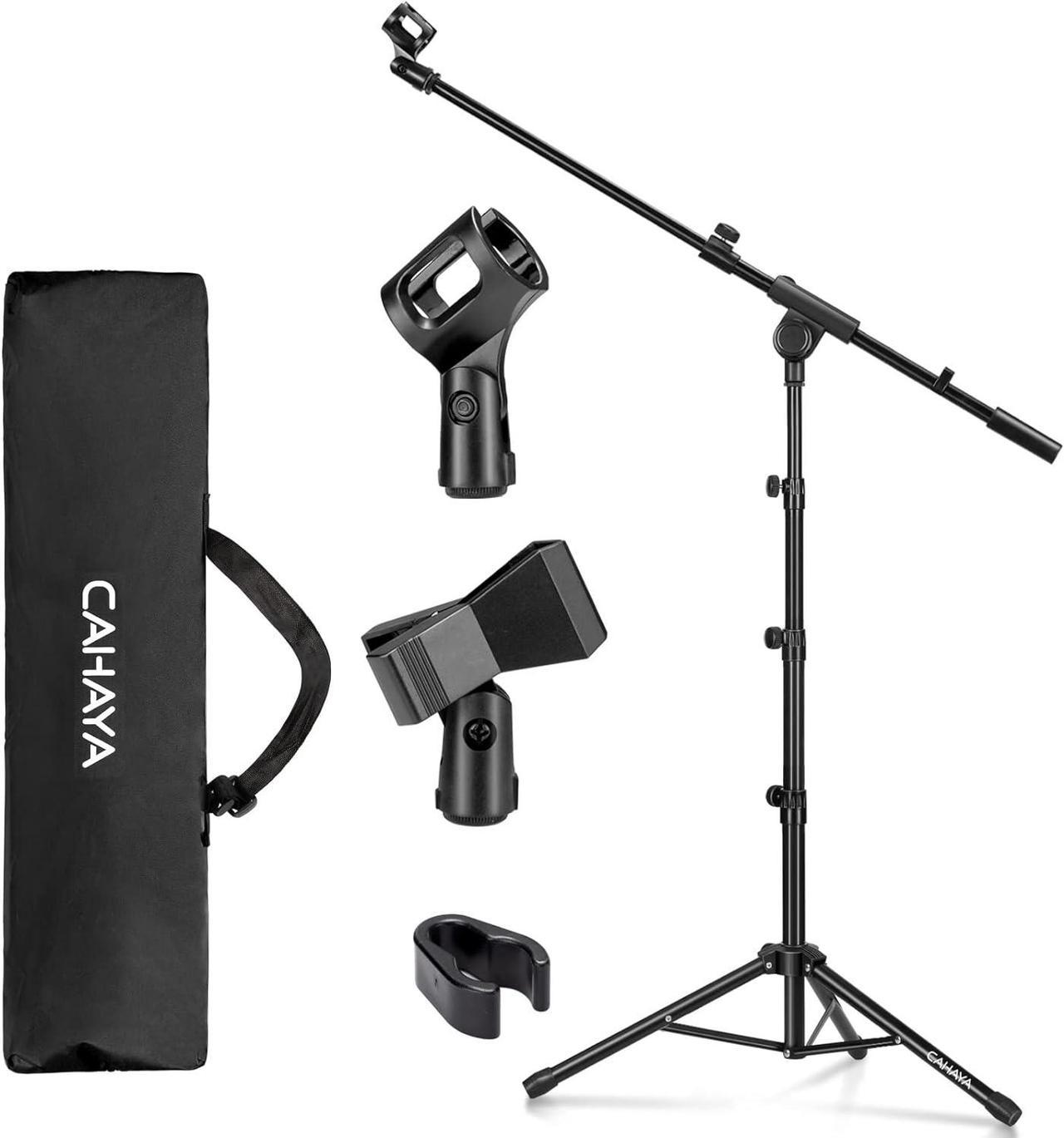 CAHAYA 2 in 1 Microphone Stand Foldable Tripod Boom Mic Stands with 2 Mic Clip Holders for Performance Singing Speech Wedding Stage and Outdoor (Black)