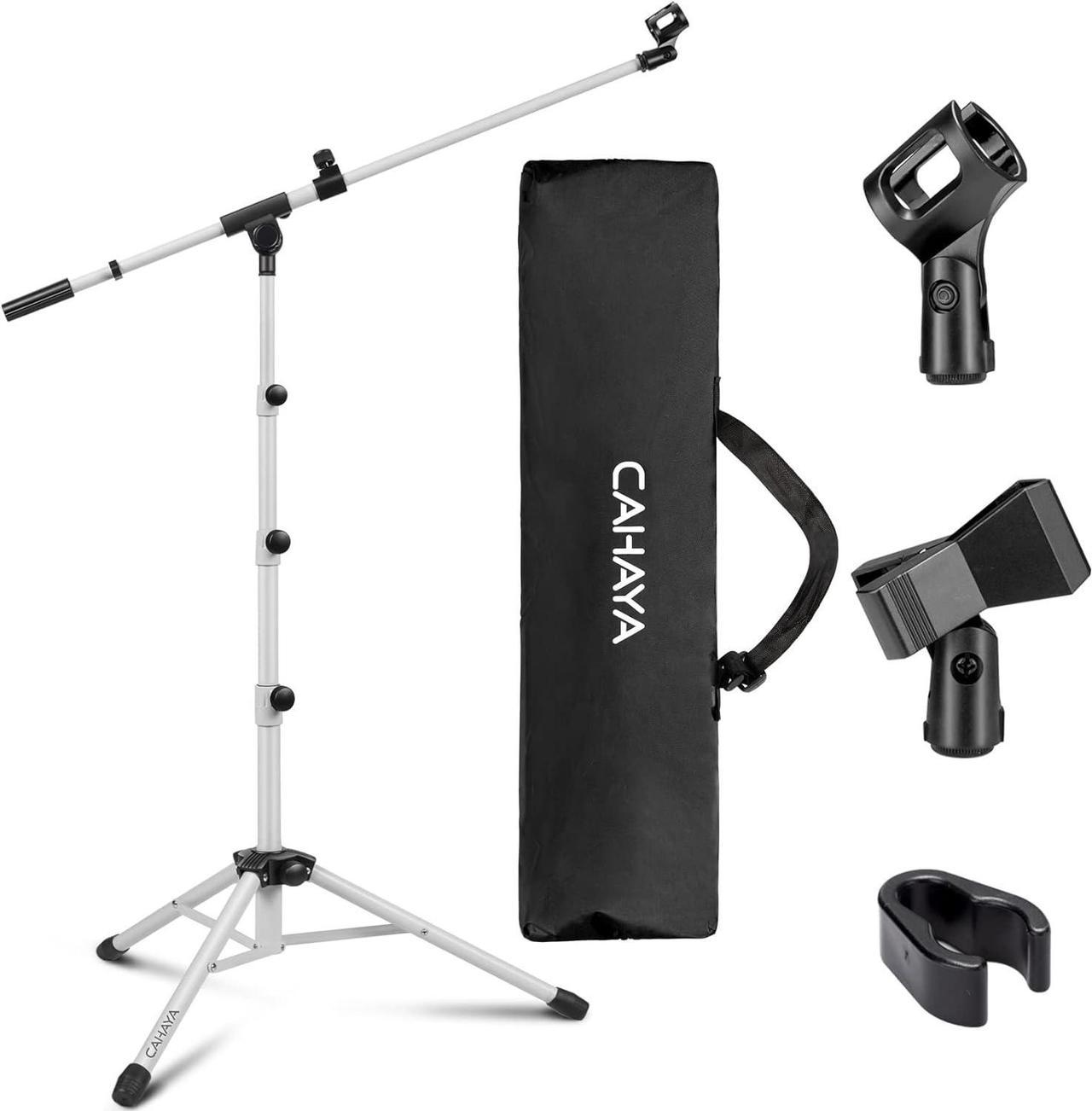 CAHAYA 2 in 1 Microphone Stand Foldable Tripod Boom Mic Stands with 2 Mic Clip Holders for Performance Singing Speech Wedding Stage and Outdoor (White)