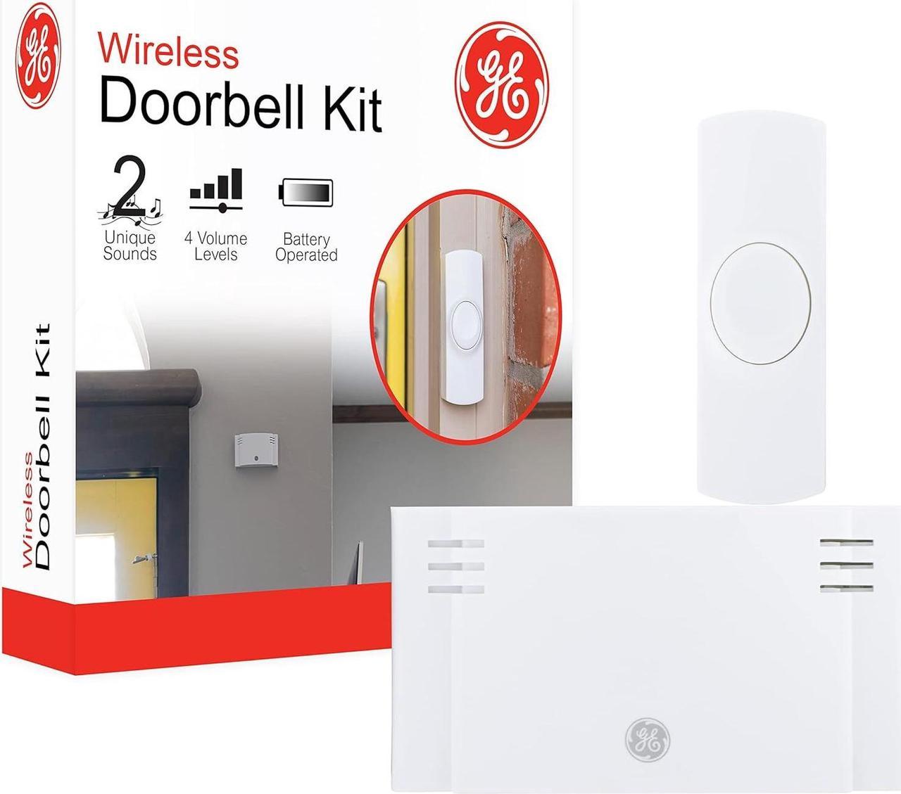 GE Wireless Doorbell Kit, 2 Melodies, 1 Push Buttons, 4 Volume Levels, 150 Ft. Range, Mountable, White, 19247, Battery-Operated Receiver, 2 Each