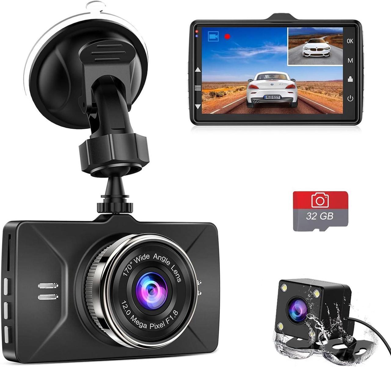 Penemay Dual Dash Cam Front and Rear Camera 1080p Front Camera, Dash Camera for Cars Waterproof Rear Camera, Car Camera Included 32GB Card, Dashboard Camera with Super Night Vision, Parking Monitor